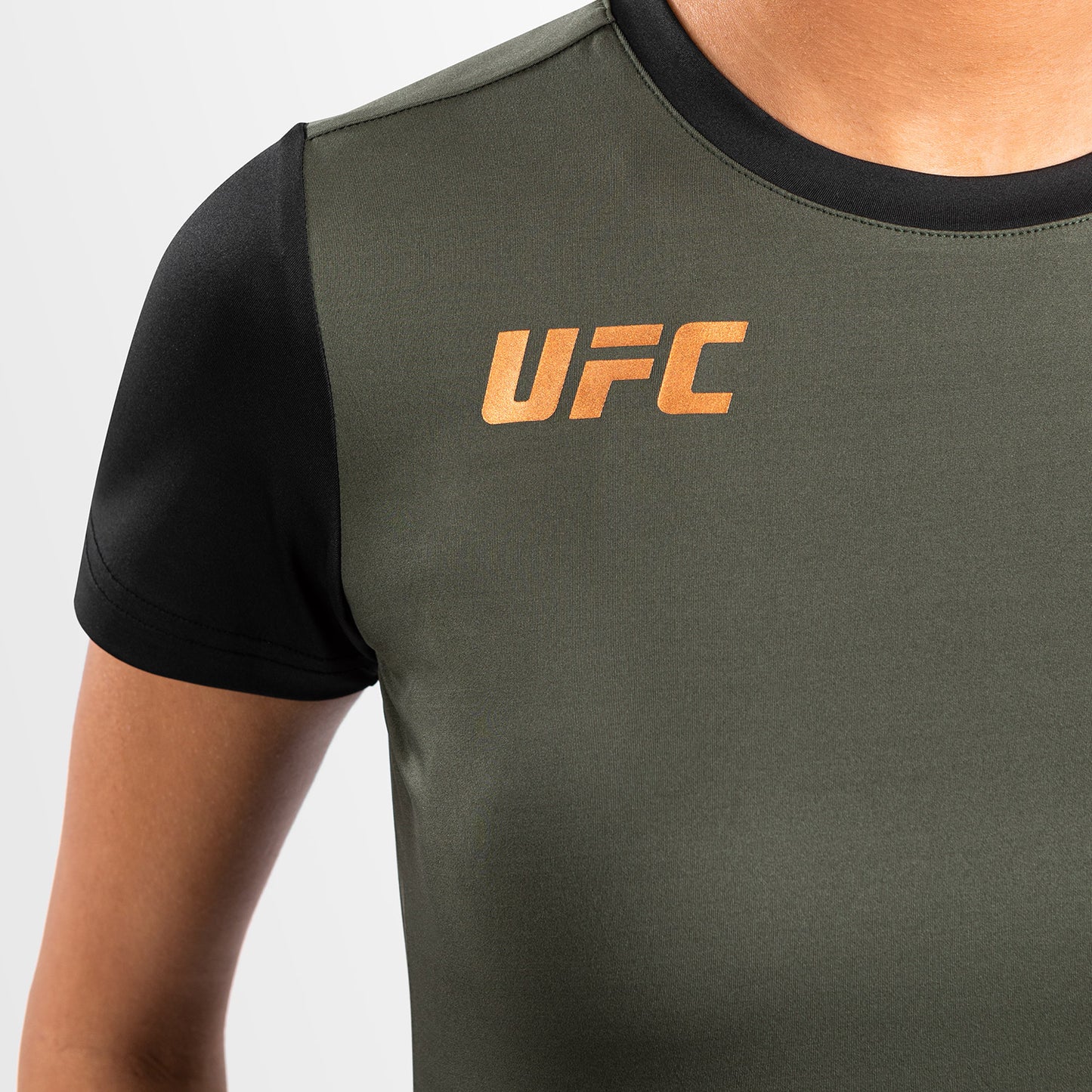 UFC Adrenaline by Venum Fight Week 여성용 드라이 테크 티셔츠 – 카키/브론즈