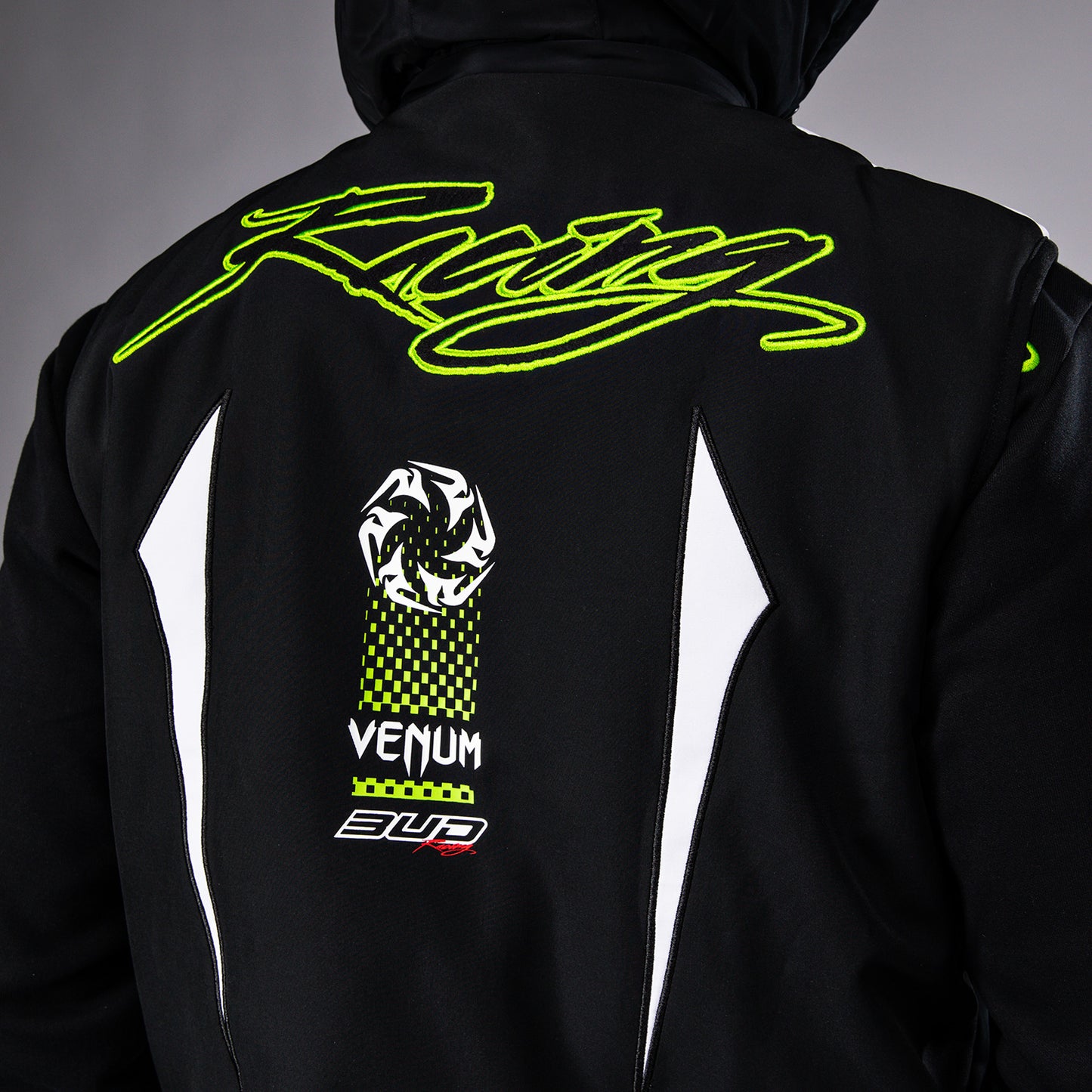 Venum x Bud Racing 남성용 민소매 다운 자켓 – 블랙/화이트/라임 그린