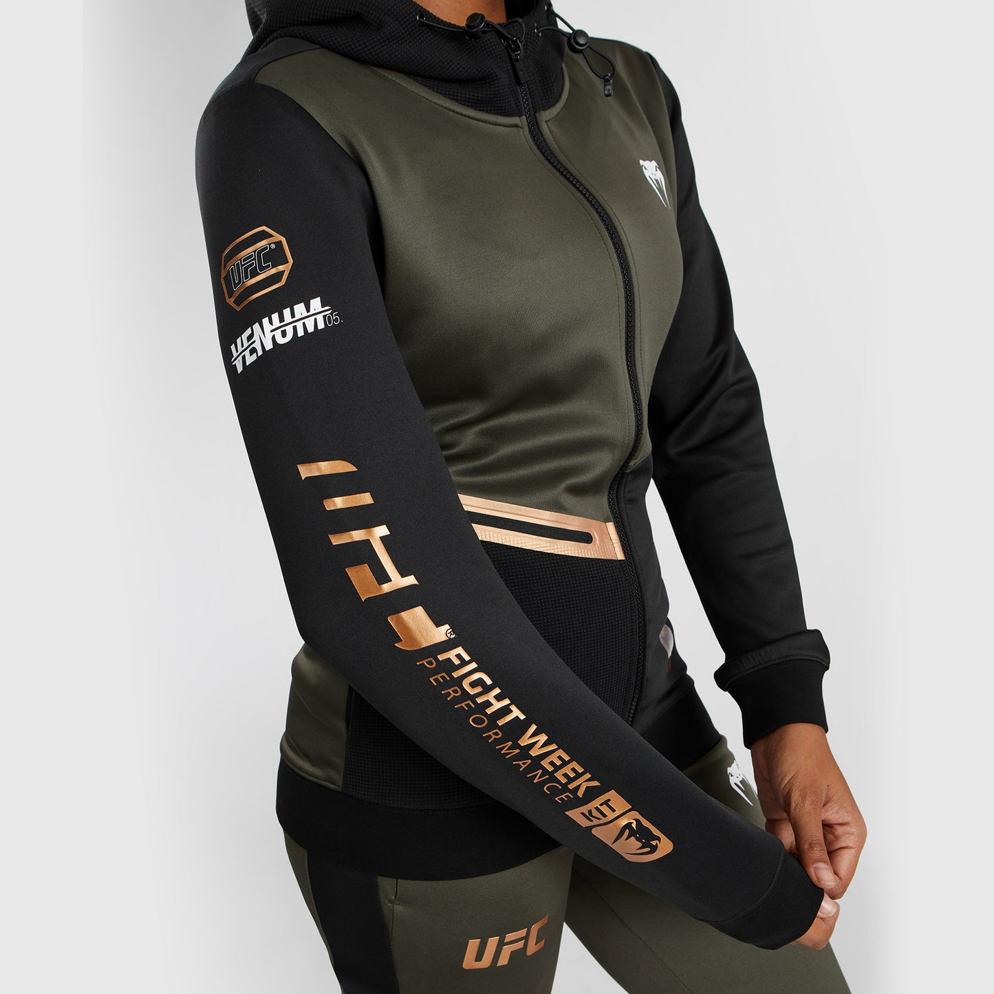 UFC Adrenaline by Venum Fight Week 여성용 집업 후드티 - 카키/브론즈